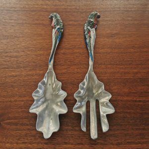 Enameled Parrots Salad Servers Cast Aluminum Alloy Hand Painted VTG Fork Spoon